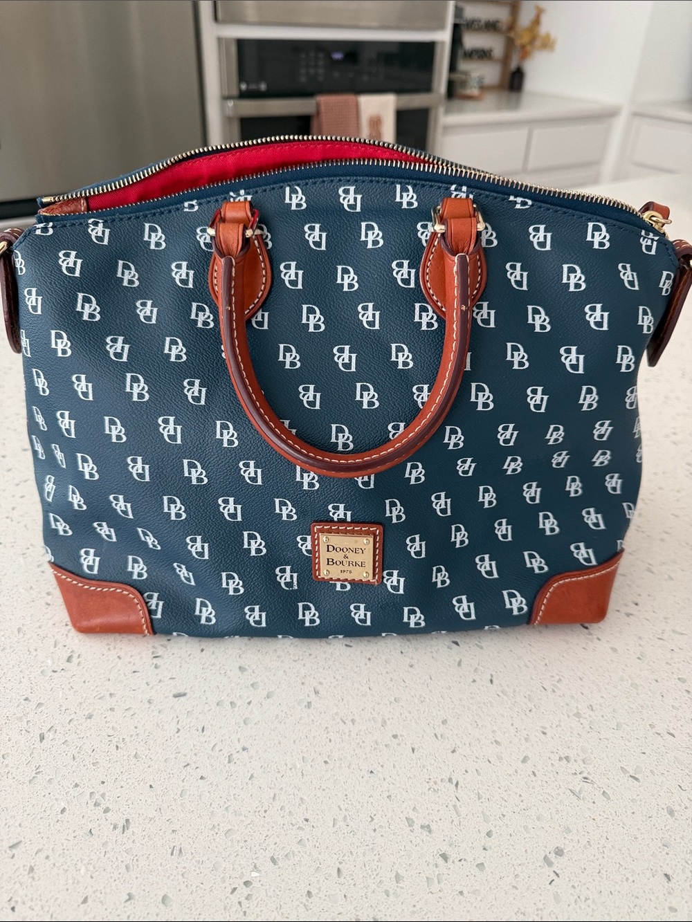 Dooney & Bourke Navy Logo Satchel with Brown Trim and Red Interior